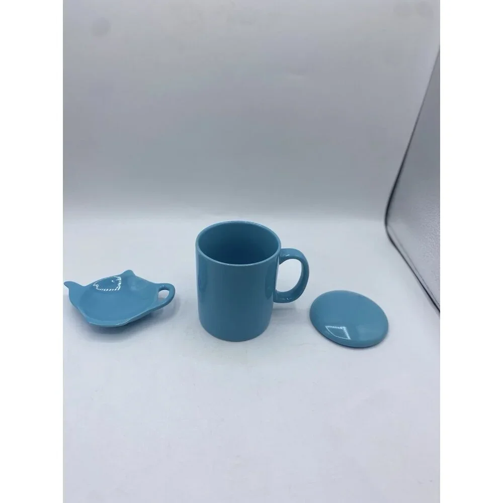 OmniWare Coffee Tea Mug With Lid Teapot Shaped Dish Blue Turquoise Minimalist